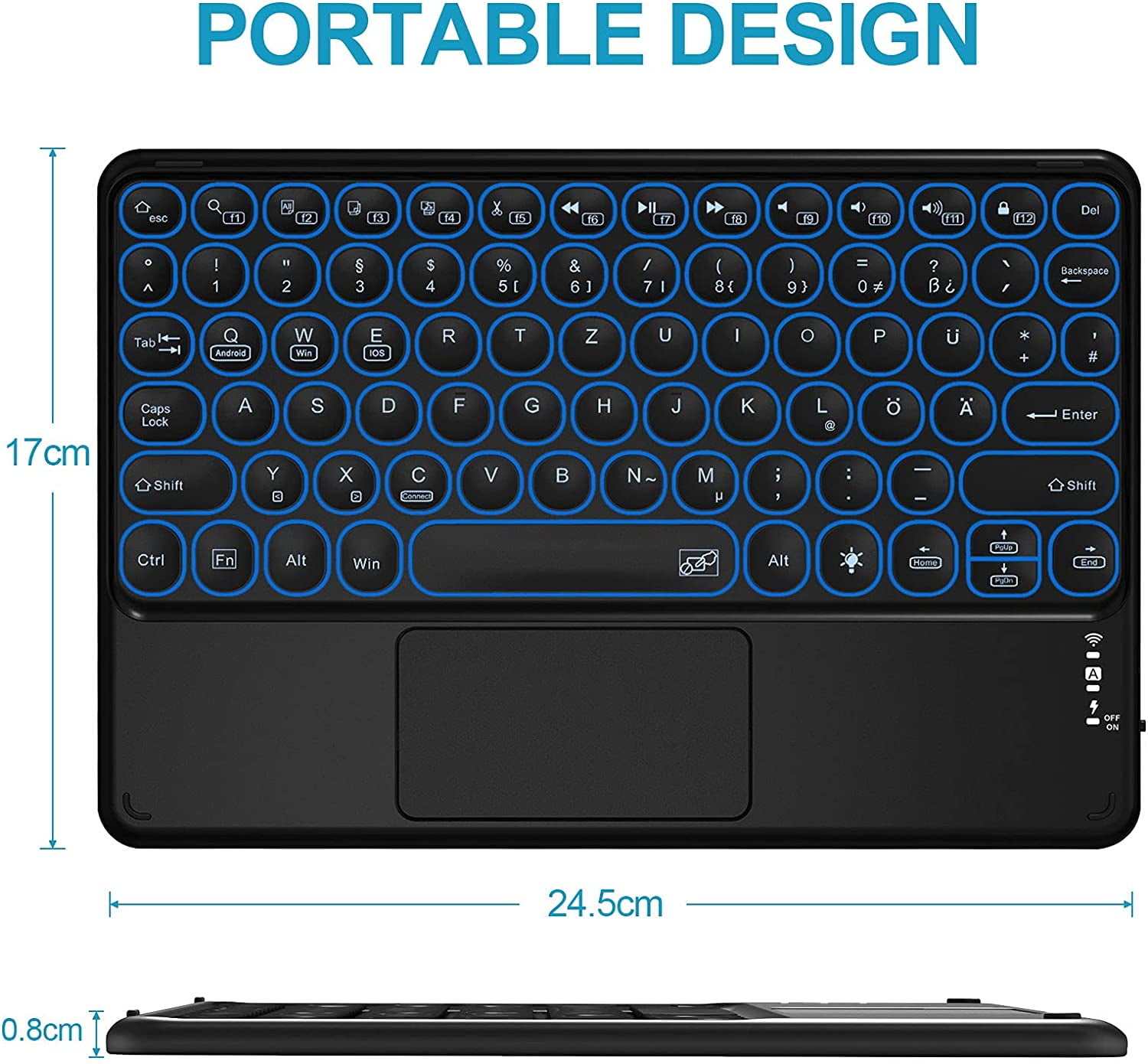 Multi-device Bluetooth Keyboard with Touchpad, Rechargeable Portable Wireless Tablet Keyboard with Touchpad and 7-color Backlight Compatible with IPad, IPhone, IOS Android Windows (black)