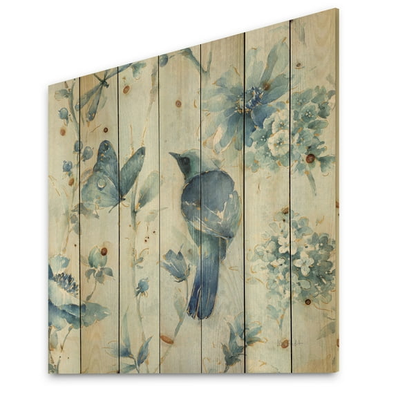 Designart 'Watercolor Indigold Flower III' Farmhouse Print on Natural Pine Wood