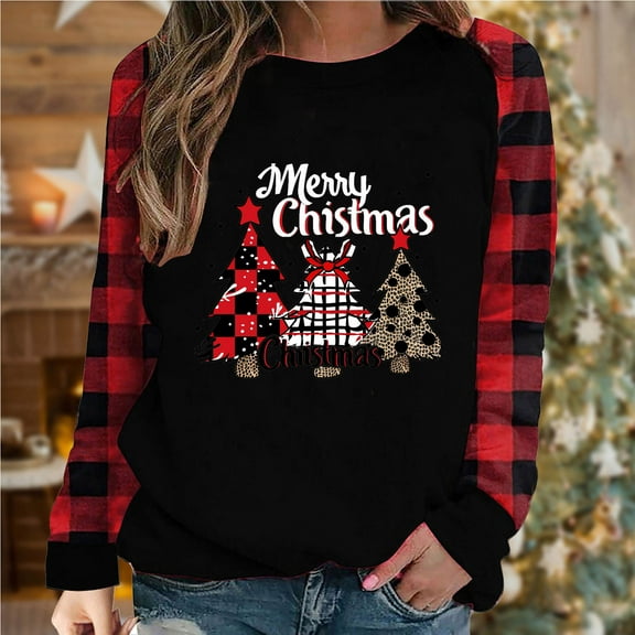 Wancir Merry Christmas T Shirt Women Plaid Christmas Tree Tee Tops Letter Print Long Sleeve Holiday Shirt