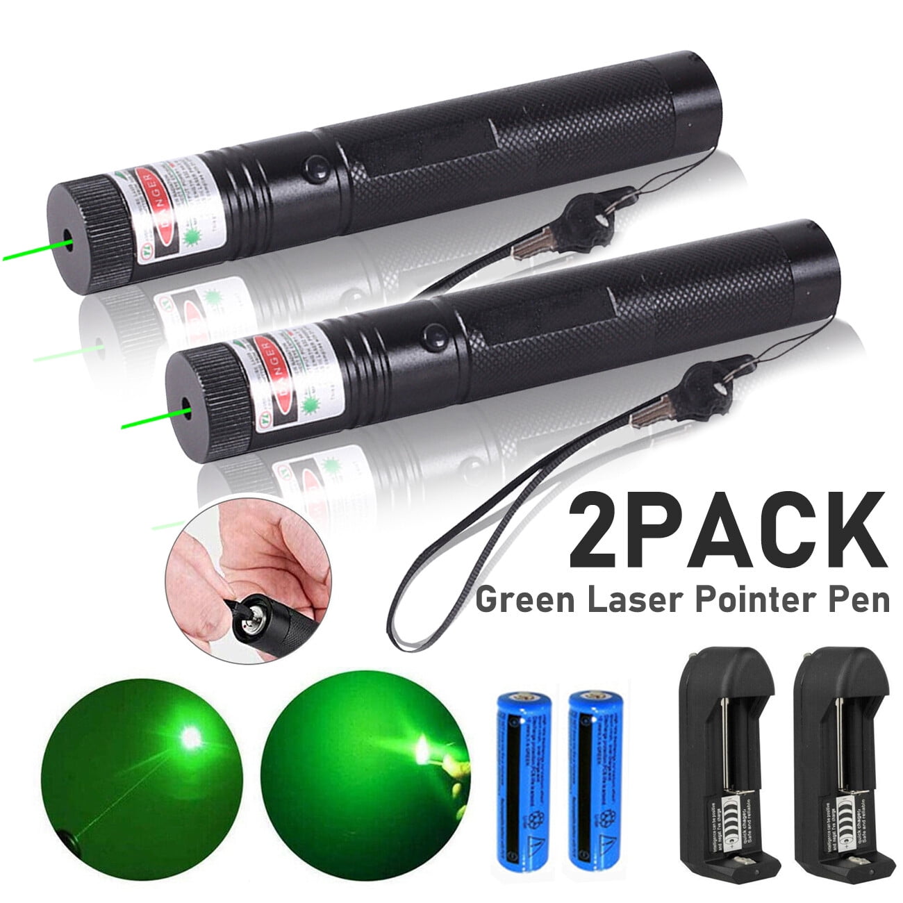 2 Pack Rechargeable Green Laser Pointer Battery Charger Set Adjustable Focus Aerometal Body Power Teaching Presentation Astronomy Stargazing Indoor Outdoor Durable Construction Visible Light