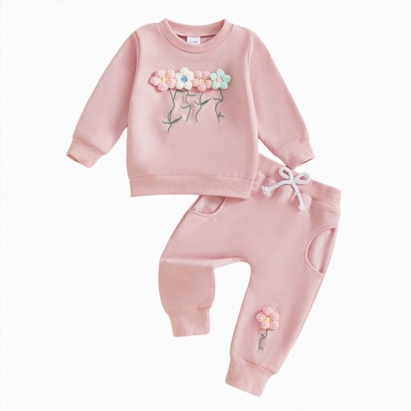 larppty Toddler Girl Fall Winter Clothes Baby Crewneck Floral 3D Embroidery Sweatshirts Pants Set Long Sleeve Outfits Set (2-3 Years,Red)