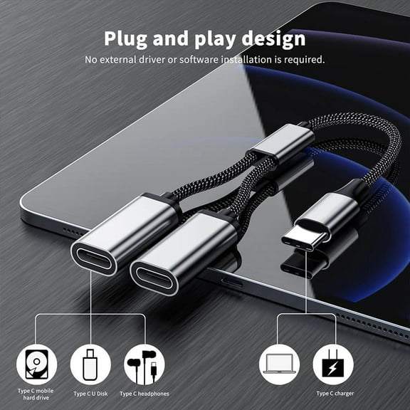 USB C Splitter Type C to Dual USB C Male Adapter 480Mbps Type C to Dual USB C Double Adapter USB Splitter Cord Converter