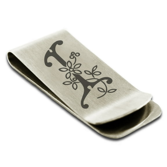 Stainless Steel Letter I Initial Floral Monogram Engraved Engraved Money Clip Credit Card Holder