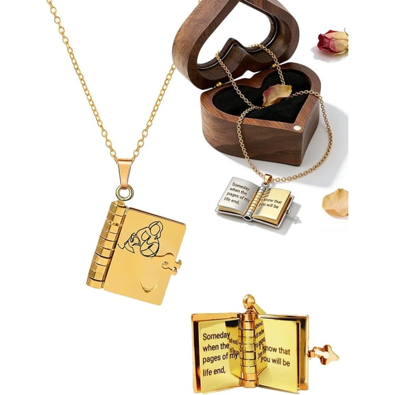 Granddaughter Book Necklace - The Most Beautiful Chapter 6 Pages Engraved Locket, Titanium Steel Pendant Jewelry Gift from Grandma with Heart Wooden Box for Graduation Birthday