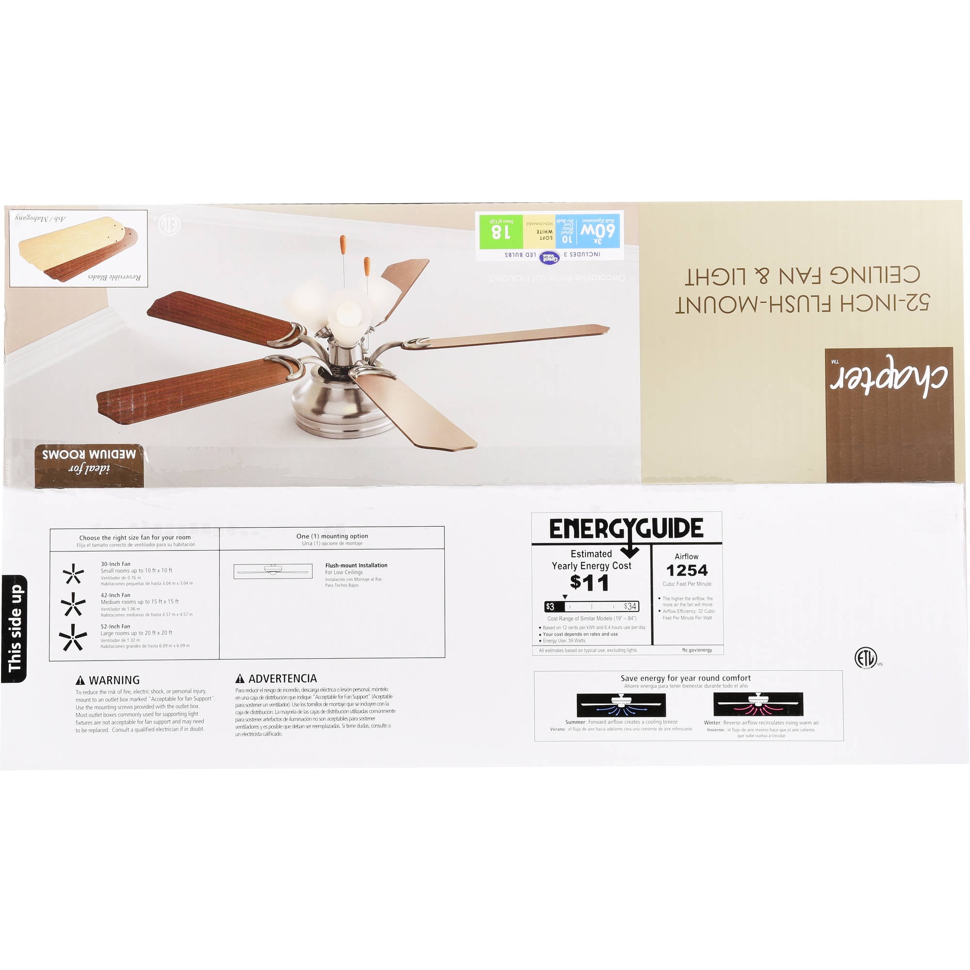 52" Chapter Ceiling Fan 3 Light Hugger Aged Brass Walmart