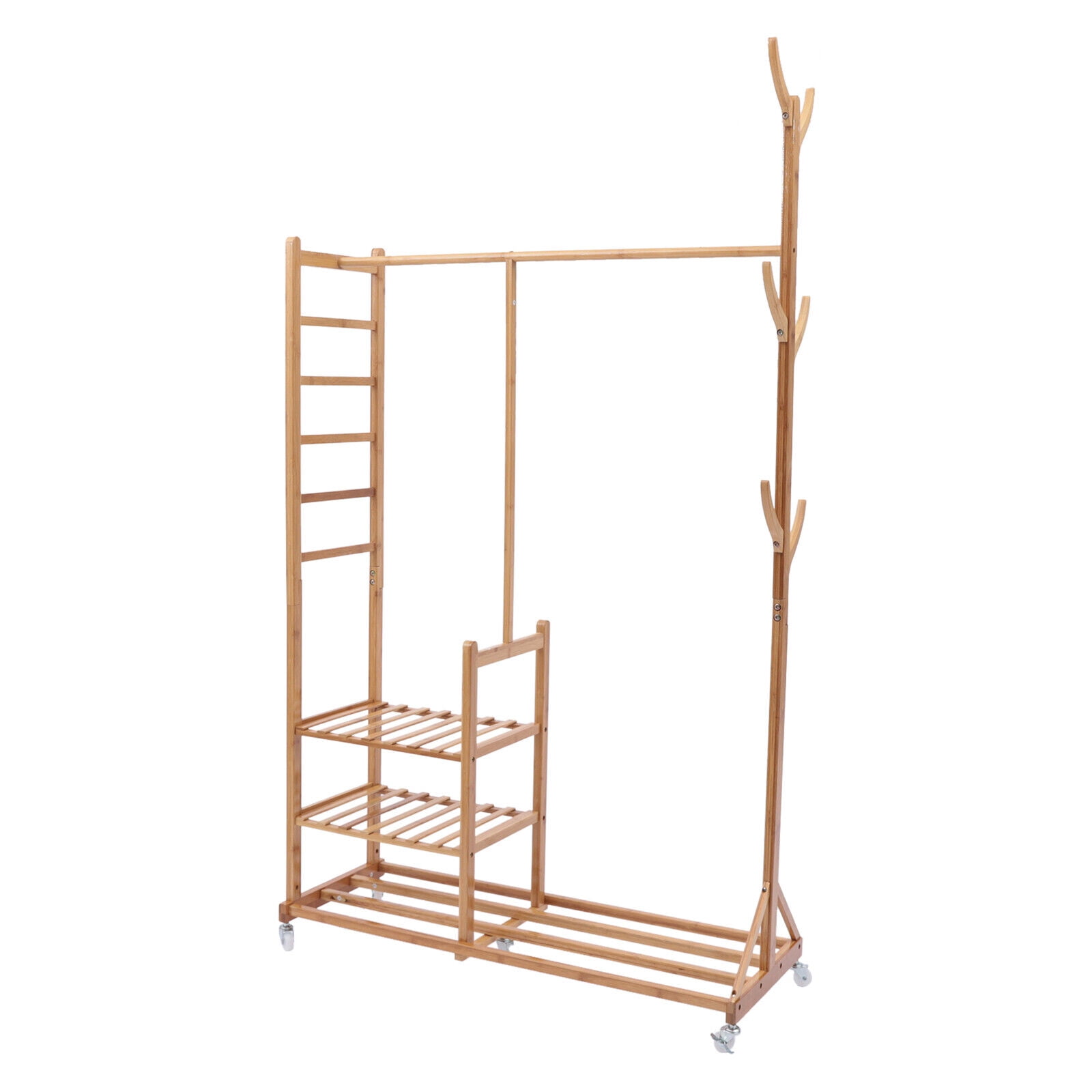 Bamboo Garment Rack Storage Shelves Clothing Hanging Rack Wardrobe
