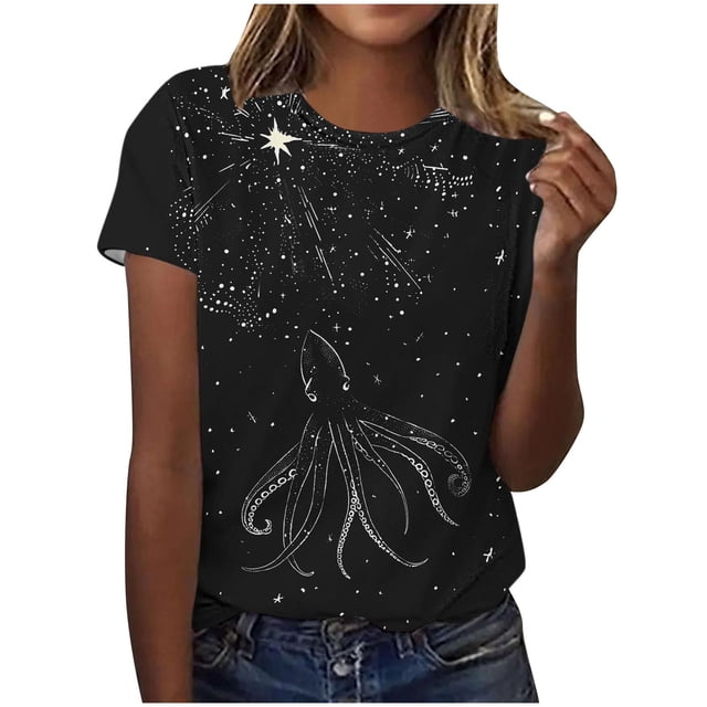 Tops de Ajuste Suelto para las Mujeres Sudadera Casual Impresa Manga Corta Cuello Redondo Superior, Poliéster