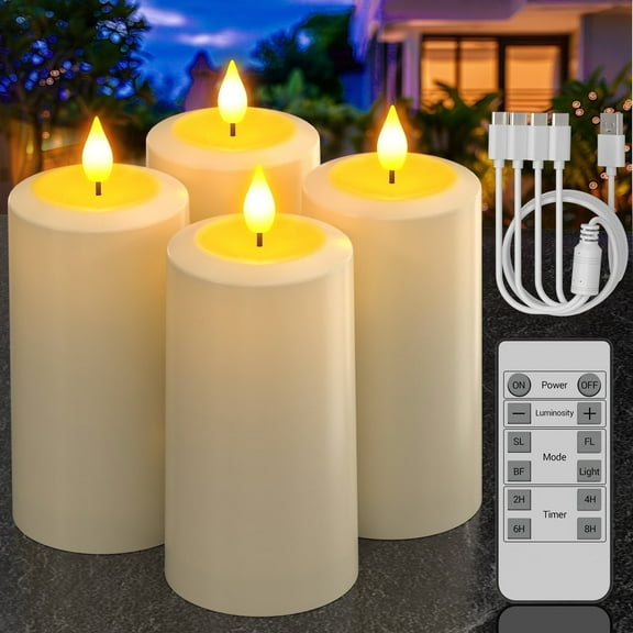 PChero Outdoor Waterproof Rechargeable Candles with Remote Timer, 2.7" x 6.1" Outdoor Candles Flickering Flameless Pillar Candles Battery Operated, Electric Fake LED USB Candles , Ivory, Set of 4