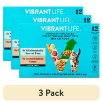 (3 pack) Vibrant Life Tuna & Salmon Cuts in Gravy Wet Cat Food, Complete Balanced Variety Pack, 2.64 oz Split Trays, 12 Count