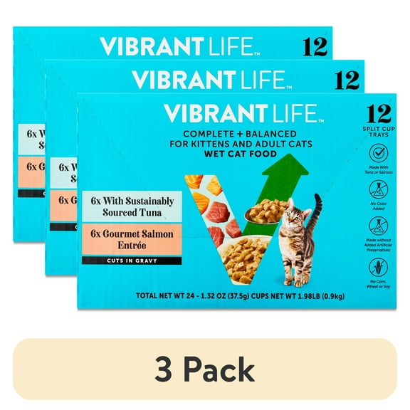 (3 pack) Vibrant Life Tuna & Salmon Cuts in Gravy Wet Cat Food, Complete Balanced Variety Pack, 2.64 oz Split Trays, 12 Count
