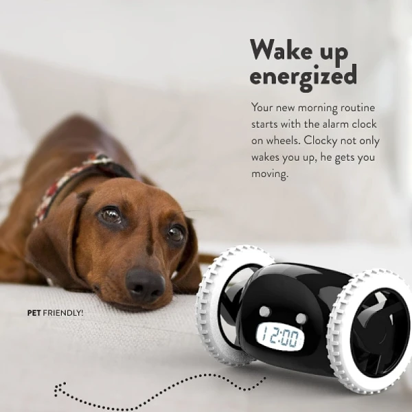 Rolling alarm clock - extra loud sound for heavy sleepers (Clockie Robo