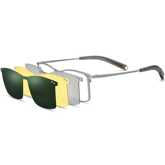 FONEX Pure Titanium Glasses Frame Men Square Magnet Clip On Eyeglasses with Polarized Lens ( 85760 Silver )
