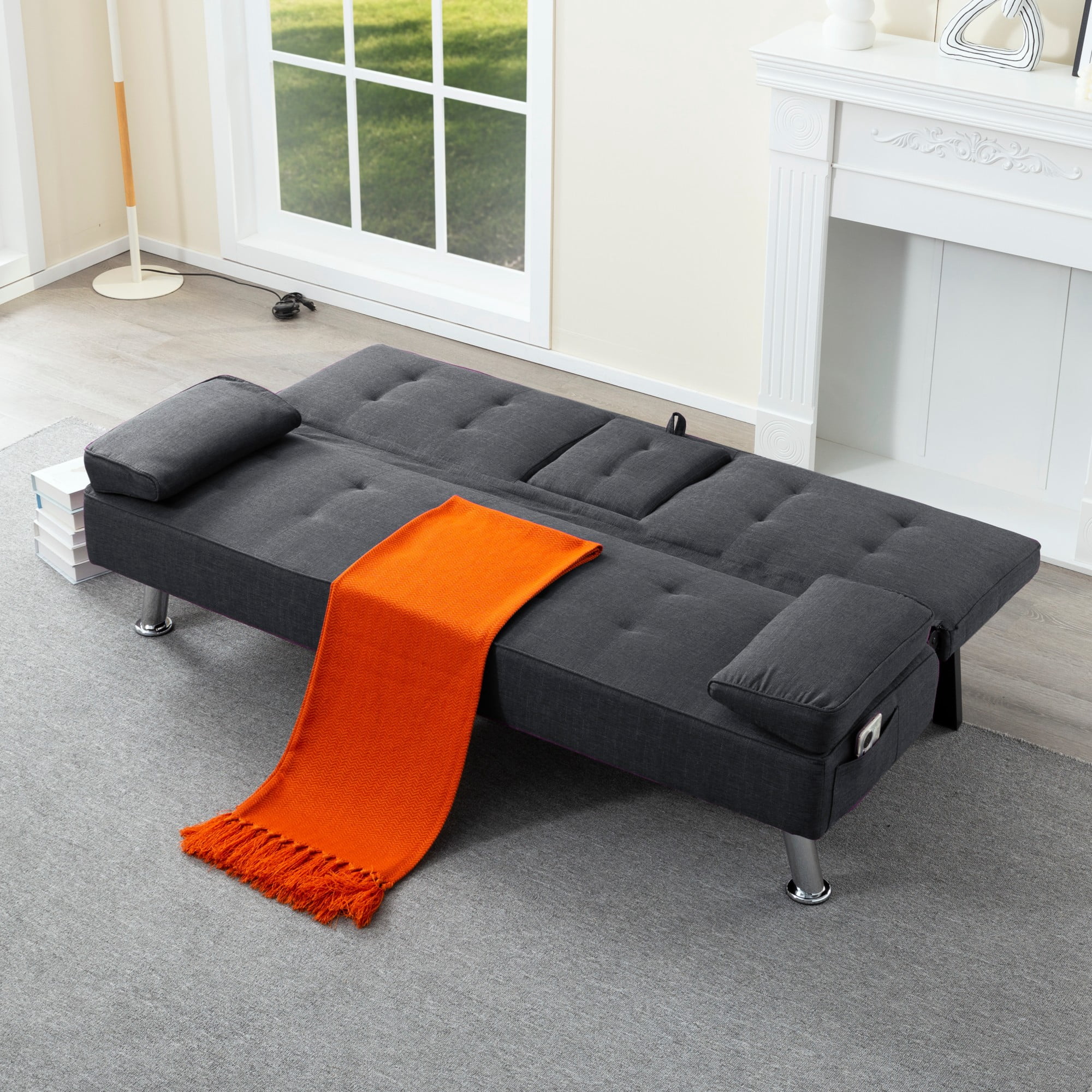 BSHTI 69.49" Fabric Convertible Futon Sofa Bed with Drop-Down Console, 2 Cup Holders, 5-Position Backrest, Side Pocket for Living Room（Dark Grey）