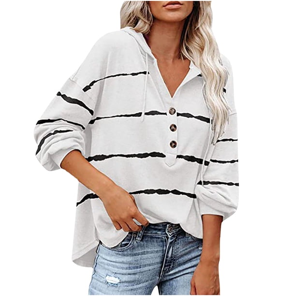 Blusa informal de manga larga para mujer, cuello en V, botones estampados a rayas, camisas con capucha, Tops, sudaderas Fridja ghj987+6366