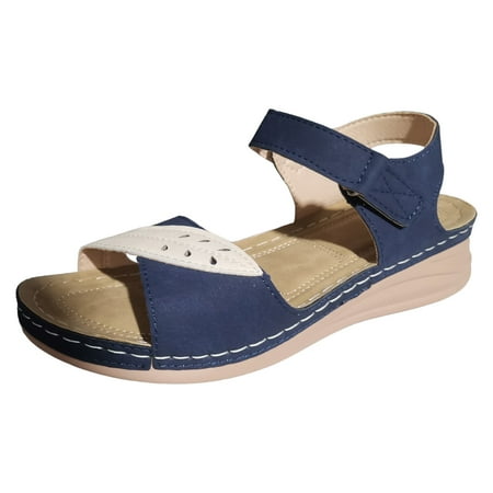 

Fandiiiii Ladies Summer Retro Hollow Colour Blocking Thick Bottom Large Size Slope Heel Sandals Womens Toe Ring Sandals