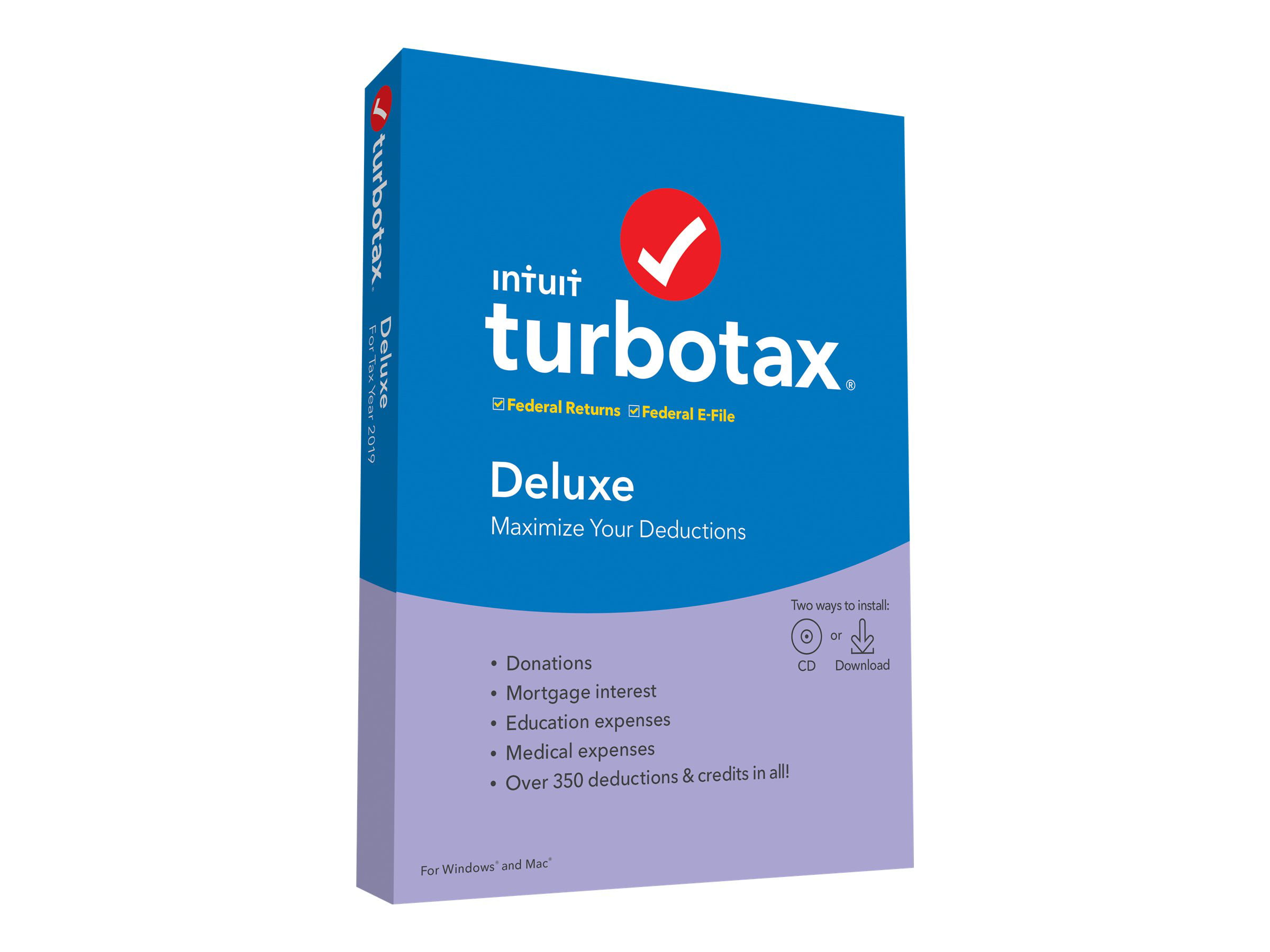 TurboTax Deluxe for Tax Year 2019 Box pack 1 user CD, download