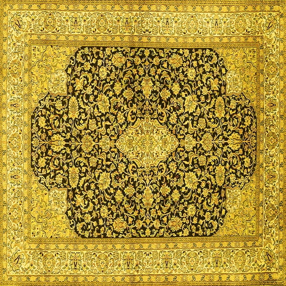Ahgly Company Machine Washable Indoor Square Medallion Yellow Traditional Area Rugs, 6' Square