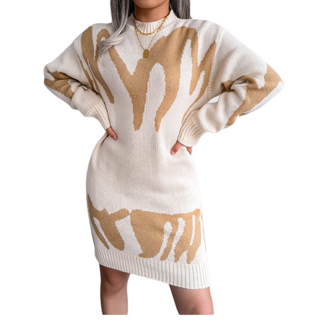 xiaxaixu Robe Chandail pour Femmes, Manches Longues Col Rond Jupe Tricotée Mi-Longue