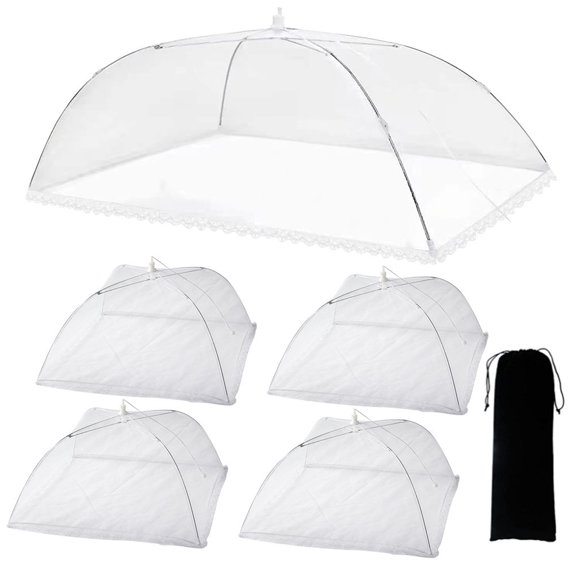 Pop-Up Mesh Food Covers Tent Umbrella, Food Cover, Food Tent, Pop-up Food Nets, 1 Extra Large & 4 Standard Mesh Food Covers for Outside, Picnic Accessories, Reusable and Collapsible (6 pcs)