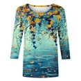 thumbnail image 4 of Women's 3/4 Sleeve Loose Fit Flowy Tunic Tops Dressy Casual Tops Gradient Floral Print Shirts Summer Clothes Vintage Fashion Round Neck Blouse Spring Elegant Shirts Light Blue T Shirts L, 4 of 5