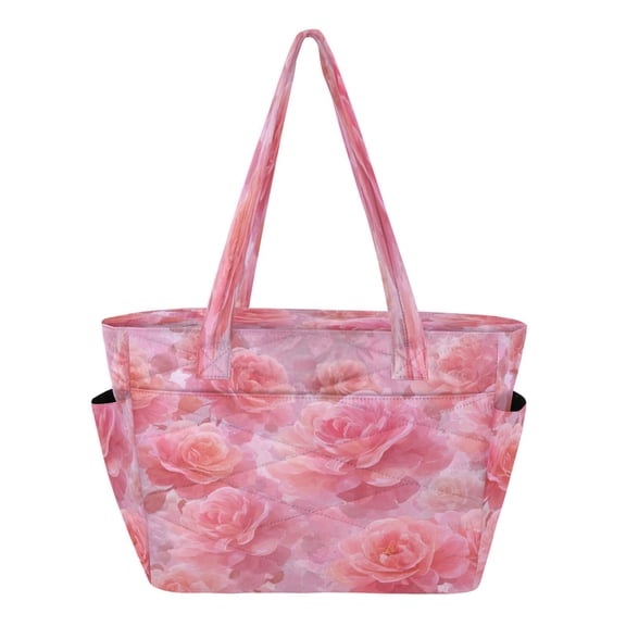 Quilted Tote Bag Large Capacity Multi-Compartment Handbag Lightweight Structured Shoulder Bag Versatile Casual Bag Pale Pink Roses Pattern