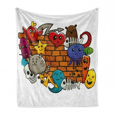 Graffiti Soft Flannel Fleece Throw Blanket, Cartoon Animals Stars Fish Skulls Cat Bird on Brick Wall Kids Design, Cozy Plush for Indoor and Outdoor Use, 70" x 90", Multicolor, by Ambesonne