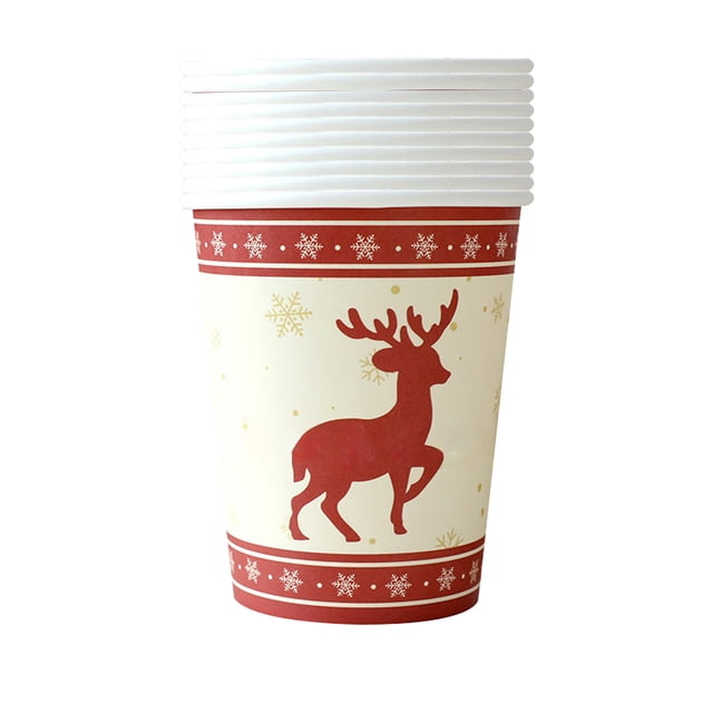 Vasos de papel desechables navideños CLLC, paquete de 20 vasos de papel impresos con diseño de cuadros rojos y renos navideños, estilo de papel grueso para bebidas frías/calientes, hogar y cafetería