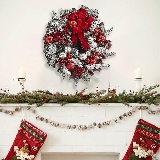 Corona de pino de cedro artificial con bola de lazo rojo para otoño, Halloween, Acción de Gracias, Navidad, decoración navideña de 18 pulgadas