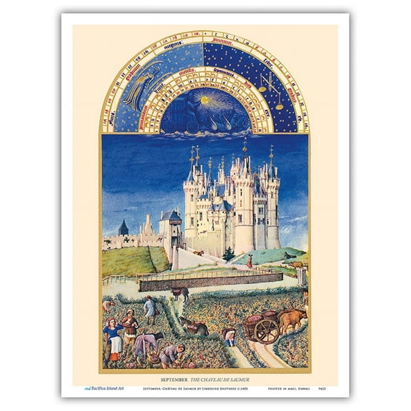 September: Château de Saumur - Book of Hours (Très Riches Heures) - Vintage Illuminated Manuscript by Limbourg Brothers c.1400s - Master Art Print (Unframed) 9in x 12in