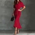 thumbnail image 5 of CIENVNSTG Women Shirt Dresses Spring Button Short Sleeve Satin Ruched Maxi Summer Dress 2026 Cocktail Party Wedding Red S, 5 of 5