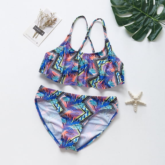 Vedolay Toddler Swimsuit Girl Kids Girls Three Piece Swimsuits Child Bathing Suit Bikini Soild Tops Underpants Print Skirt Easter Beach Bathing,Blue 5/6 Years
