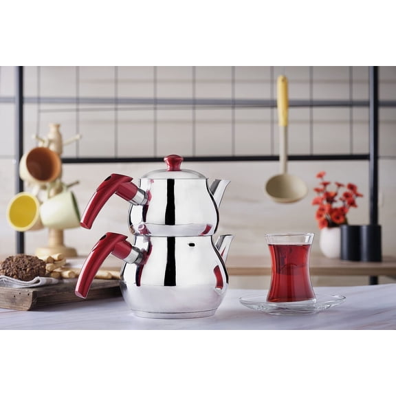 Turkish Teapot Set | Stainless Steel Double Tea Pots for Stove Top | Tea Maker with Strainer | Samovar Style Tea Kettle | Water  (Mini with Red Handles)