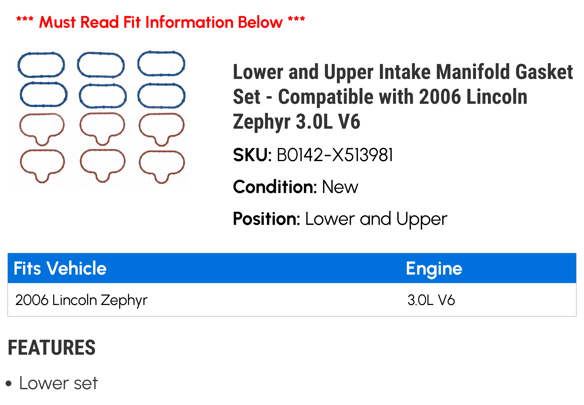 Lower and Upper Intake Manifold Gasket Set - Compatible with 2006 Lincoln Zephyr 3.0L V6