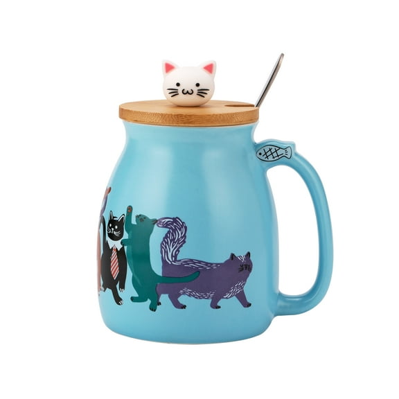 Meetco Cute Cat Ceramic Coffee Mug Lovely Kitty Bamboo Lid Stainless Steel Spoon Mug Gift 420 ml (Blue)
