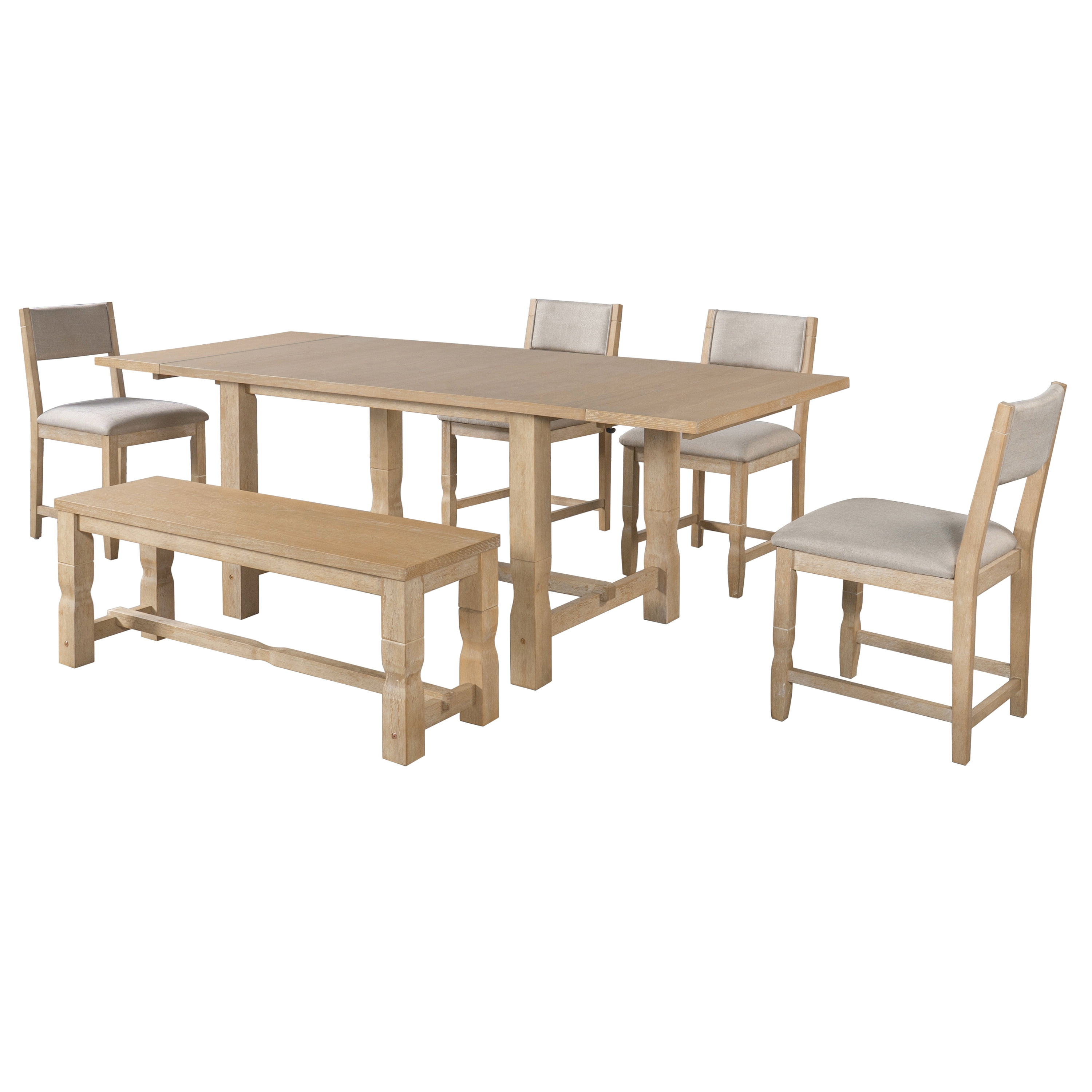 Mintazer 6 Piece Extendable Dining Table Set with 4 Upholstered Dining Chairs & Bench, 84 Inch Rectangular Farmhouse Dinner Table with 2 Removable Leaves for Kitchen Dining Room Apartment, Natural