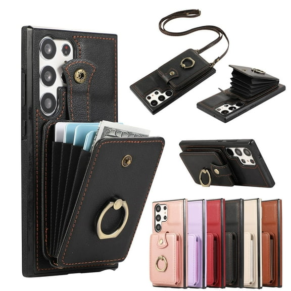 For Samsung Galaxy S25 Ultra Case Wallet with Card Holder, 360°Rotation Finger Ring Holder Kickstand, RFID Blocking Protective Shockproof Cover