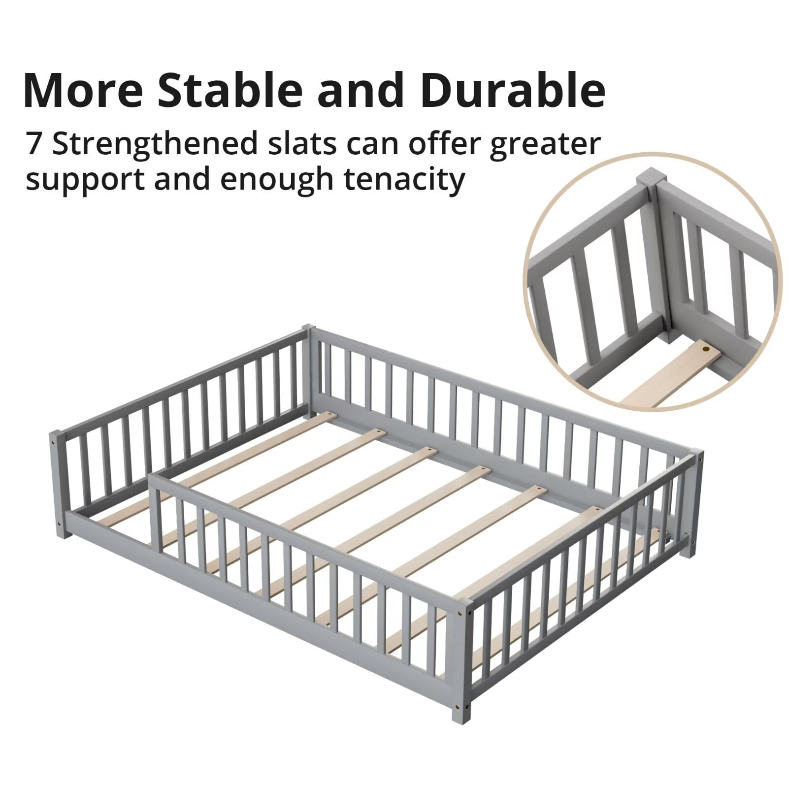Full Floor Bed for Kids Toddlers, Multifunctional Montessori Bed Frame with Safety Guardrails and Wood Slats, Without Door, Easy Assemble, Grey