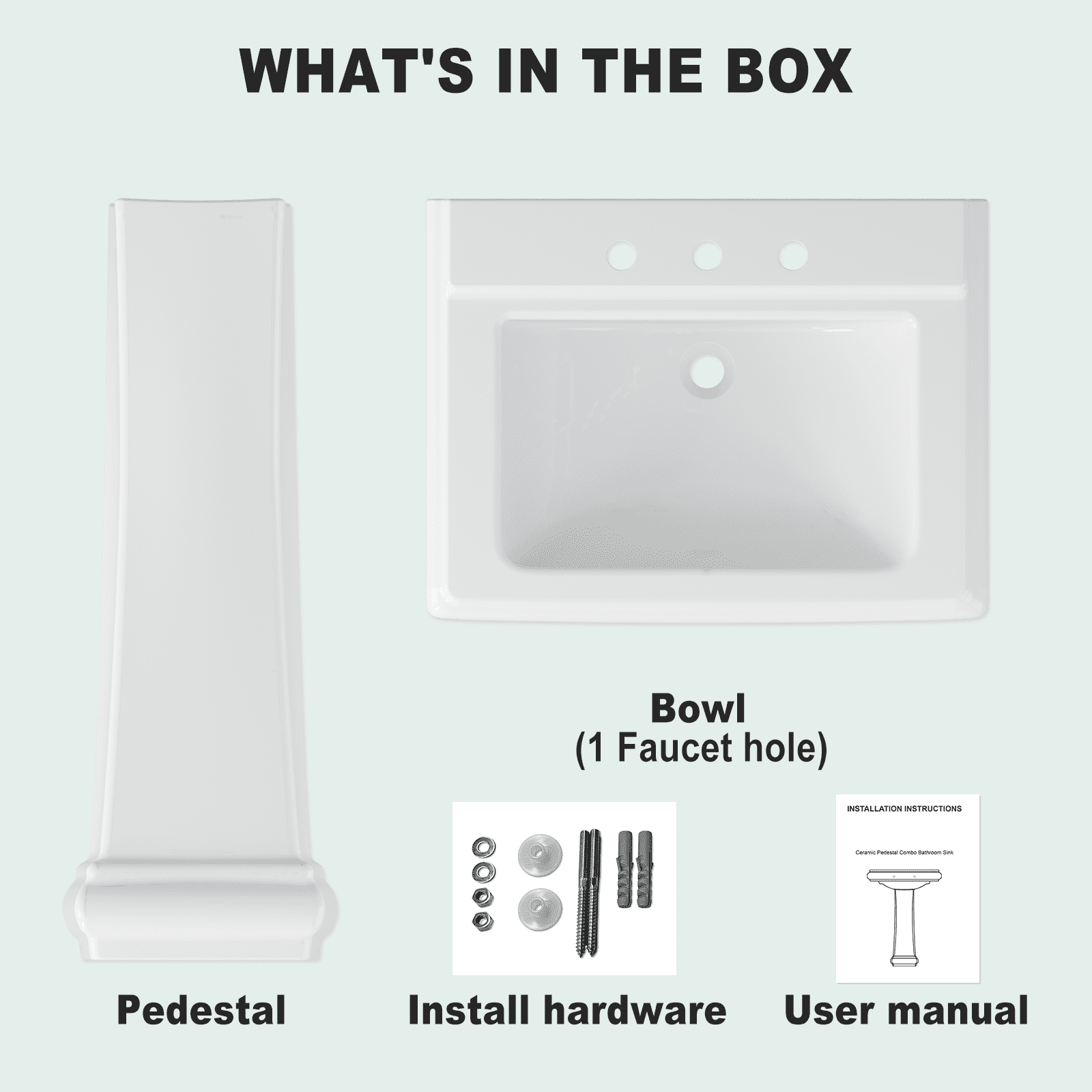 Luku Bathroom Pedestal Sinks, Rectangular Pedestal Sink Modern White Ceramic Pedestal Bathroom Sink Fits 4 in Faucets