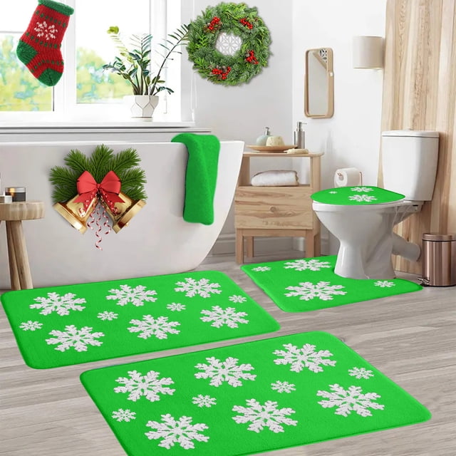 Birdeem Christmas Bathroom Sets, Christmas Bathroom Rug Set 4 Pc Set Christmas Snowflake Rugs Machine Washable Non Slip Absorbent Easy Care Holiday Decor for Bathroom Festive Carpet Set
