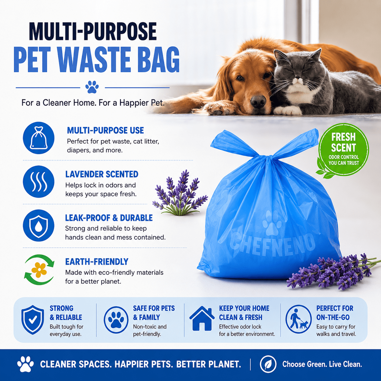 Disposable Dog Poop Waste Bags Cat Litter Clump & Poop Bags with Easy-tie Handles (500 count)  Fresh Powder Scented Bulk Poop Bags (Blue, 500 ct.)