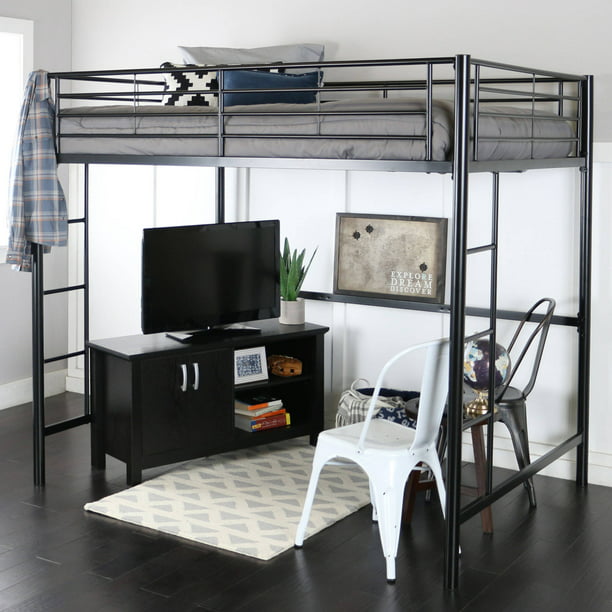 Premium Metal Loft Bed Black, Walker Edison Twin Metal Loft Bed With Desk And Shelving Black
