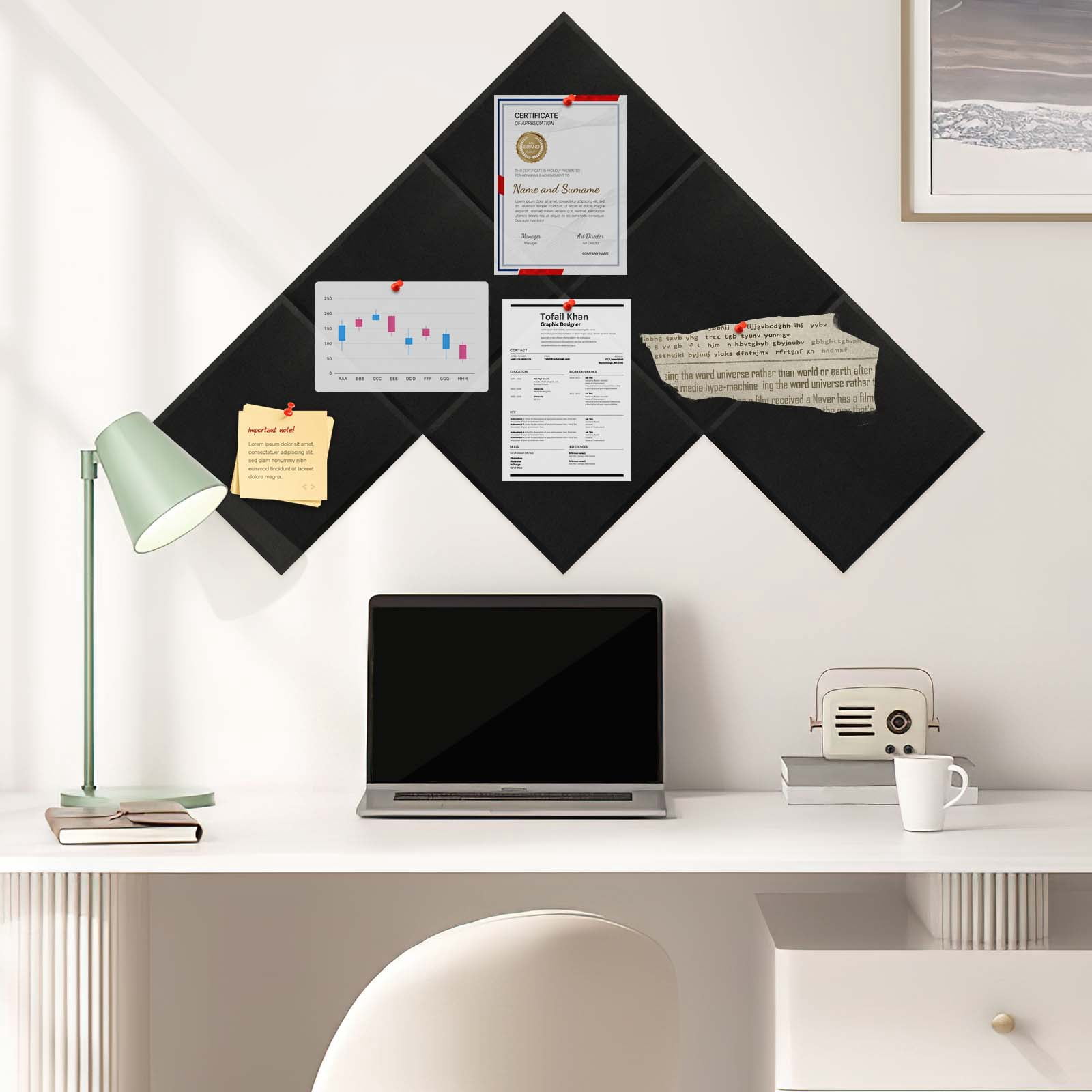 Large Cork Board 36" x 24" Alternative - 6 Pack Felt Wall Tiles with 50 Safe Removable Adhesive Tabs, 30 Pushpins, Cork Boards for Walls Pin Board Bulletin Board Office Decor (Black)