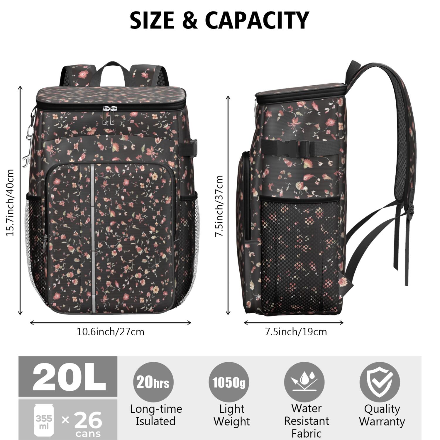 Travel Cooler Bag - Pioneer Flower Floral Print Pattern Camping Beer Cooler Backpack with Bottle Opener- Waterproof Insulated Picnic Backpacks - Cooler Bag for Beach