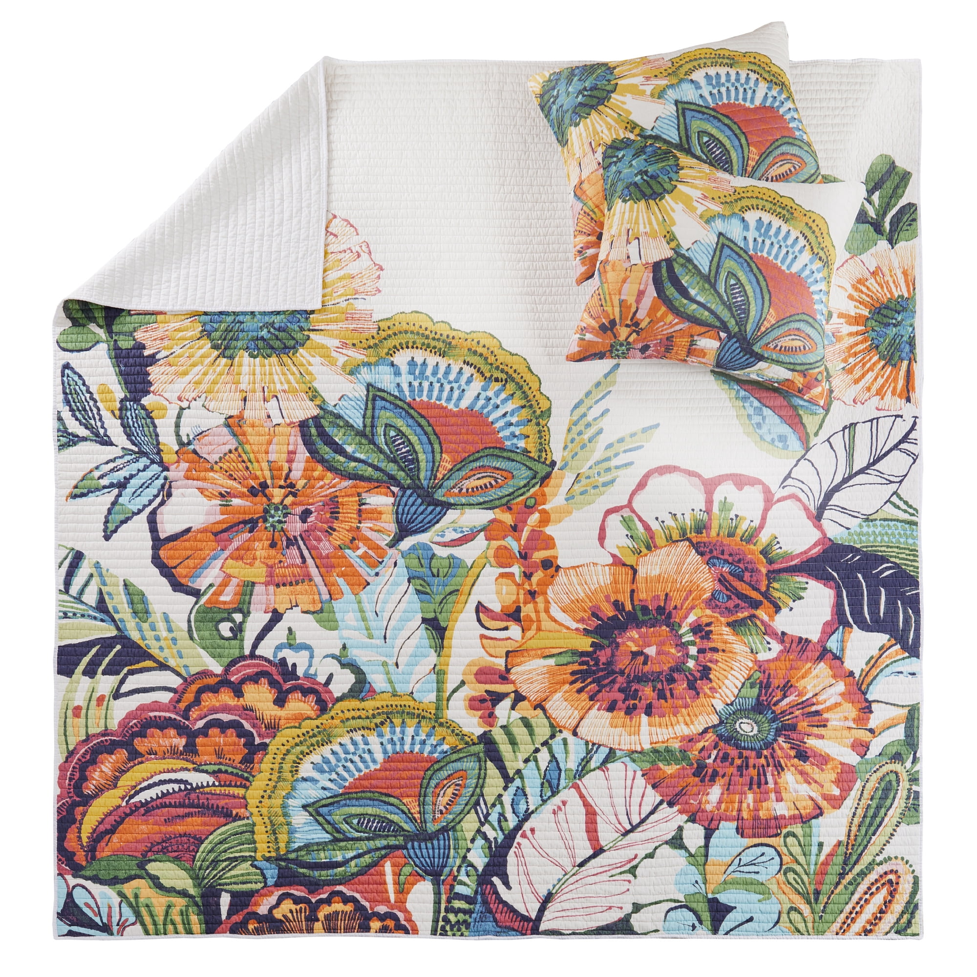 Levtex Home - Grandiflora Garden Quilt Set - Full/Queen Quilt (88x92in.) and Two Standard Shams (20x26in.) - Floral - Orange, Red, Blue, Green and Yellow - Reversible - Cotton/Polyester