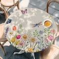 thumbnail image 2 of Wildflowers Round Tablecloth, Fitted Table Cover with Elastic for 45"-54" Round Tables, Spring Vintage Tulip Butterfly Floral Leaf Table Cloth Outdoor Indoor Dinning Party Waterproof Tablecloths, 2 of 7