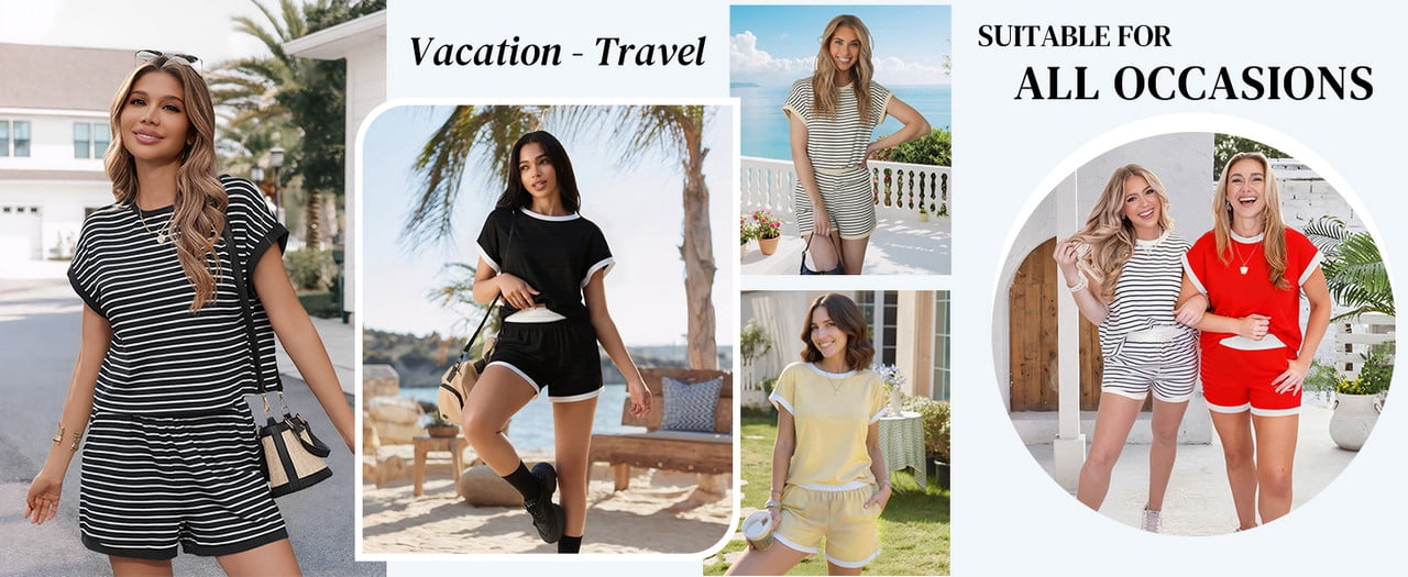 Wiholl Summer Sets for Women Womens Summer outfits Lounge Short Sets Womens Striped Set with Pocket