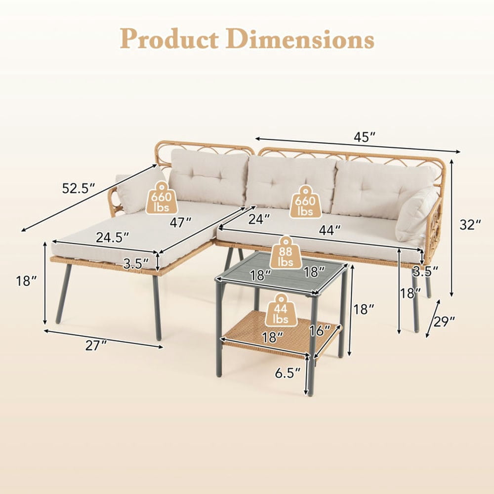 Spaco 3 Pieces Corner Patio Furniture with Small Coffee Table, Patio Furniture Set for Outdoor as Garden, Yard, Beige