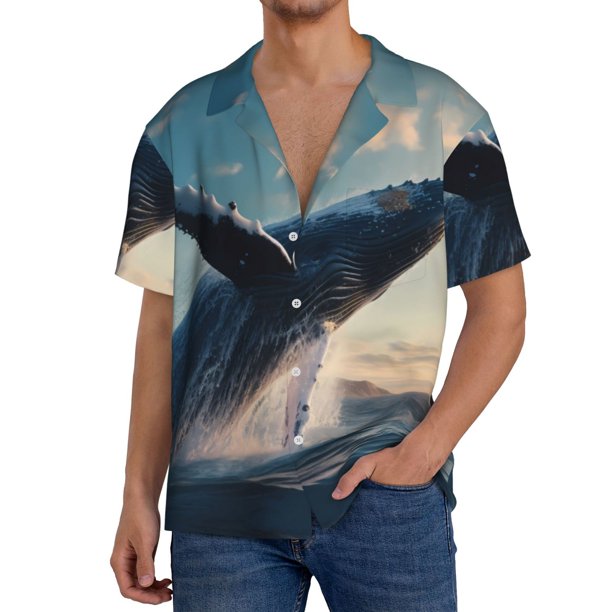 Fotbe Dancing Whale Camisa Estampada de Manga Corta para Hombre, Casual de Verano, Estilo Playero, Sin Arrugas-Large
