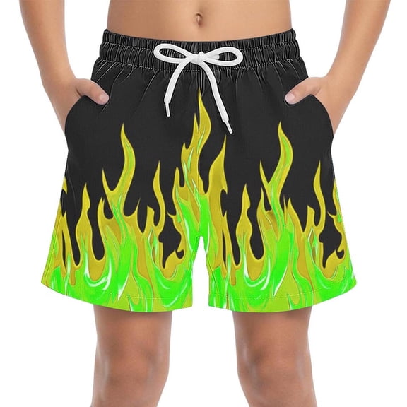 Boys Flame Print Quick Dry Athletic Shorts with Pockets & Drawstring - Moisture Wicking Summer Swim Beach Shorts for Kids Youth Green,Size 8-9T