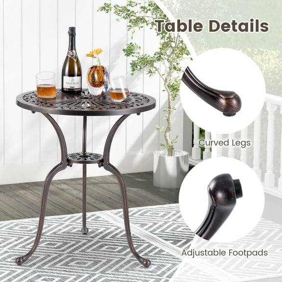 Amijoy 24 Inch Round Cast Aluminum Table, Patio Dining Bistro Table with 2 Inch Umbrella Hole, Curved Legs & Adjustable Footpads
